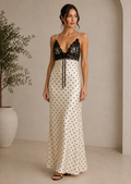 Cream Satin Polka Dot Lace Top Maxi Dress