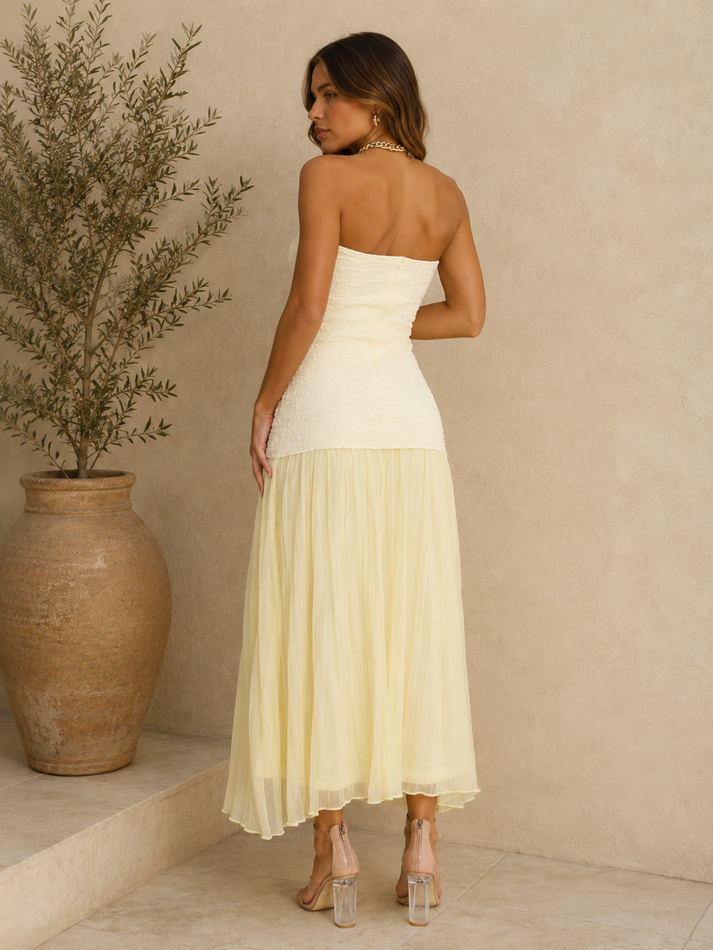 Yellow Chiffon Pleated Maxi Dress