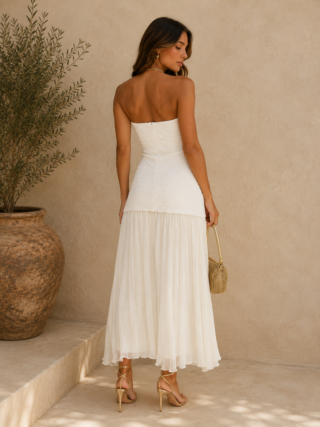 Cream Chiffon Pleated Maxi Dress