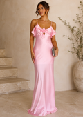 Pink Satin Rosette Maxi Dress