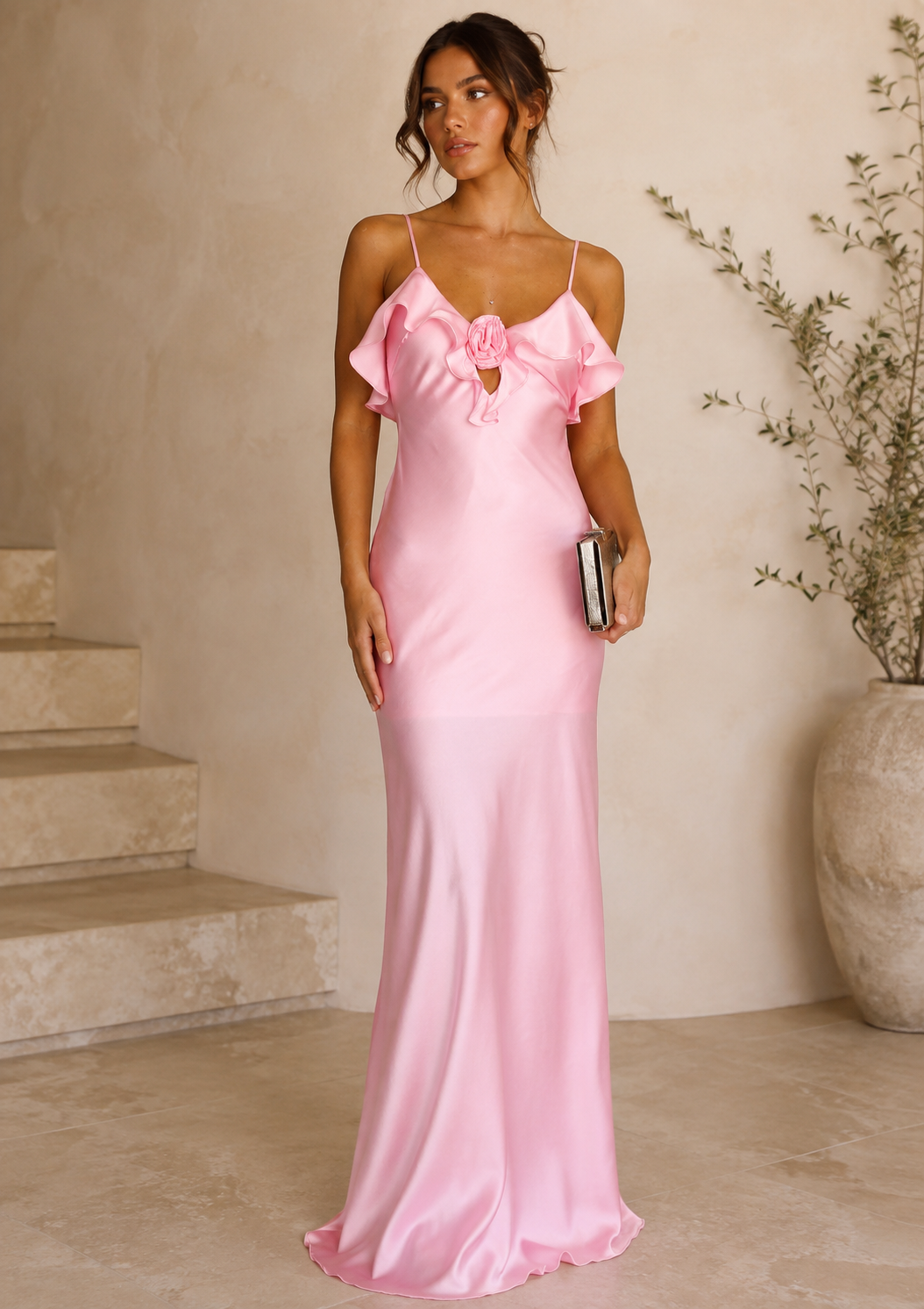 Pink Satin Rosette Maxi Dress