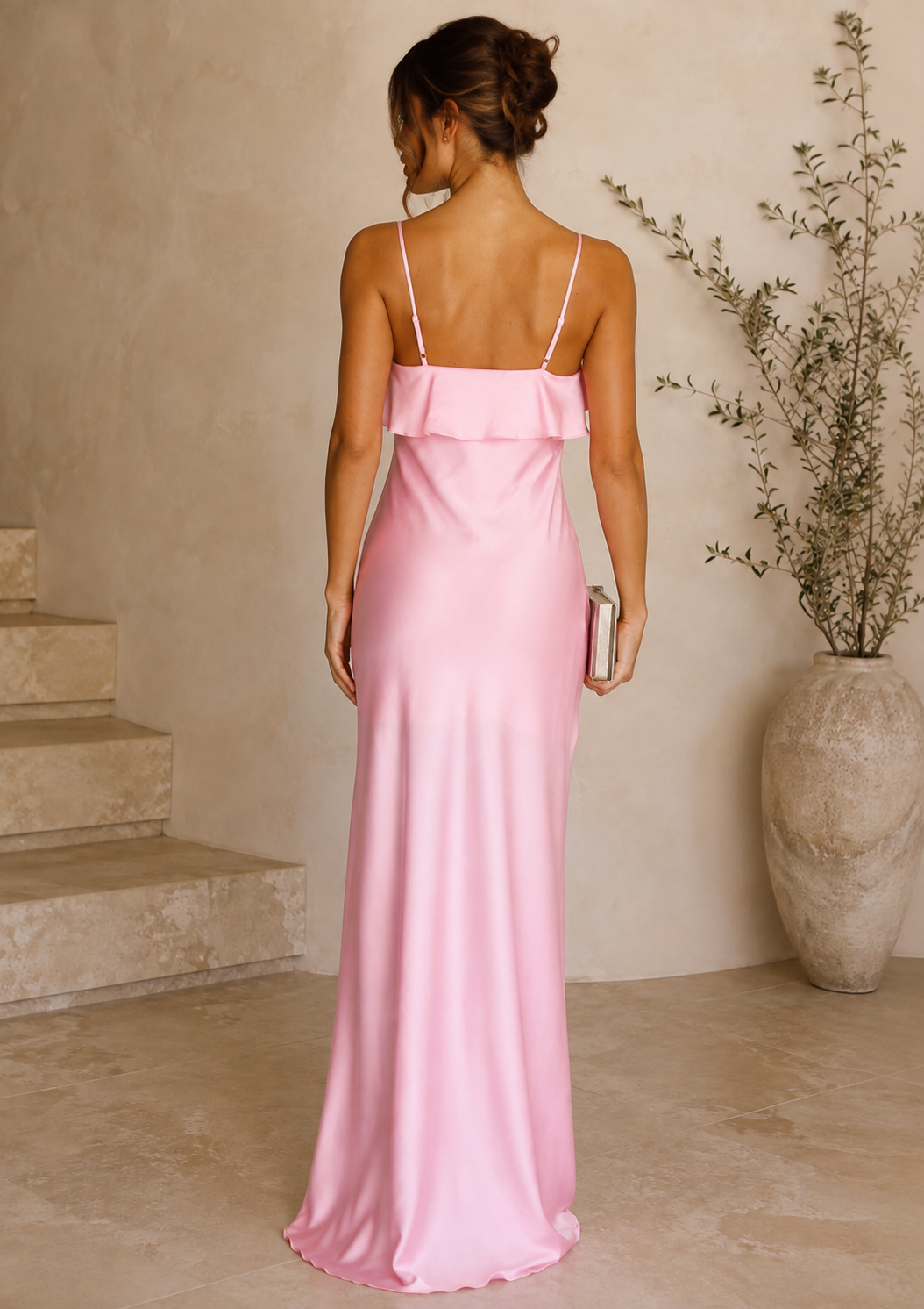 Pink Satin Rosette Maxi Dress