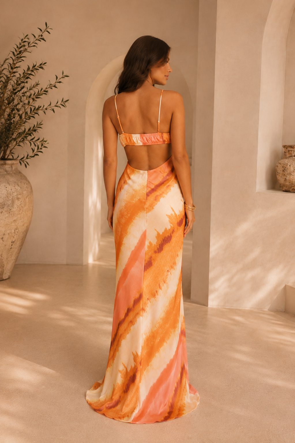Orange Abstract Satin Maxi Dress