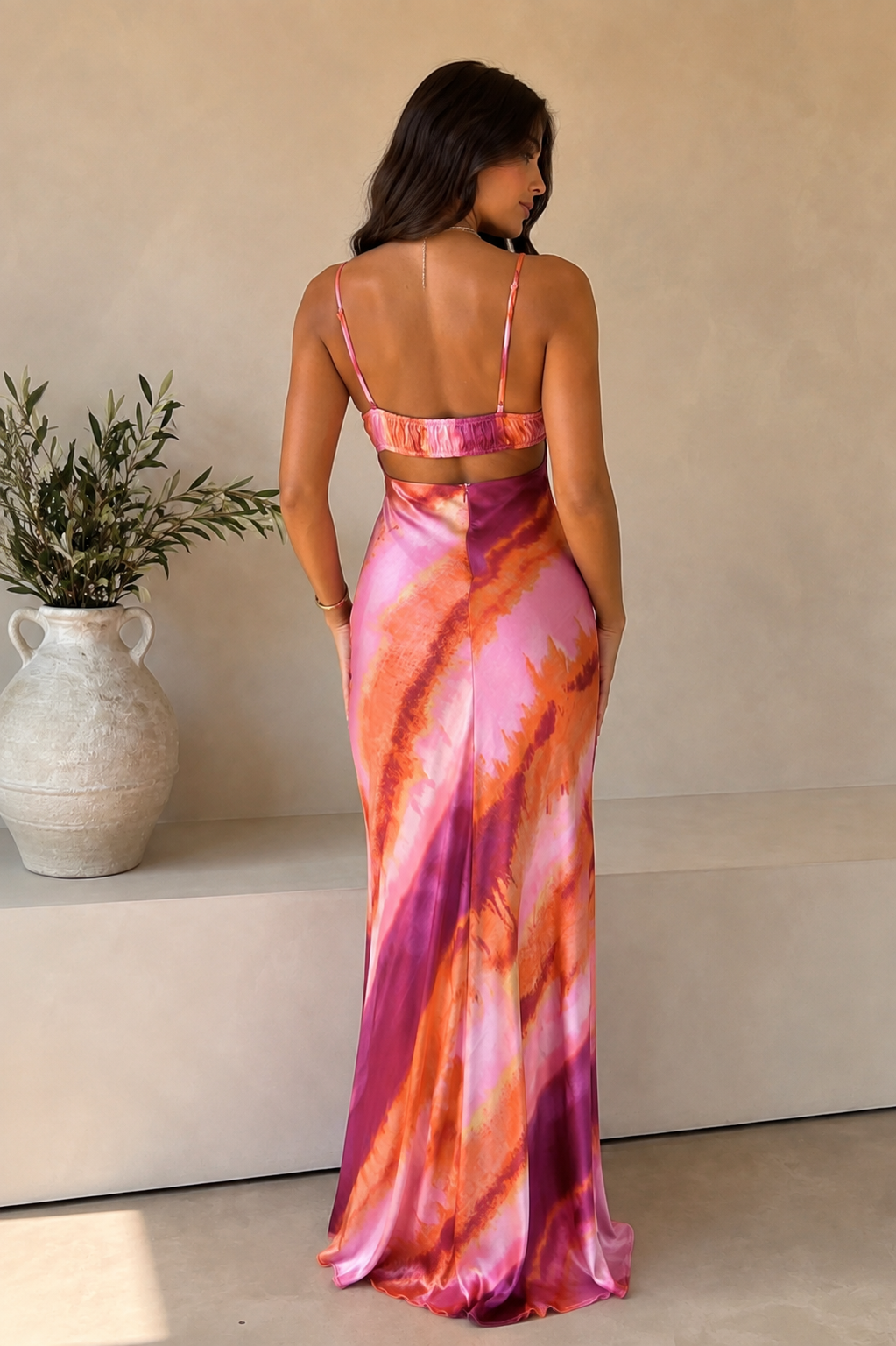 Pink Purple Abstract Satin Maxi Dress