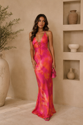 Pink Water Colour Satin Maxi Dress